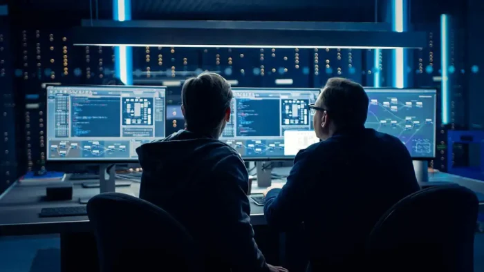 Two-Professional-IT-Programers-Discussing-Blockchain-Data-Network-Architecture-Design-and-Development-Shown-on-Desktop-Computer-Display-Working-Data-Center-Technical-Department with-Server Racks